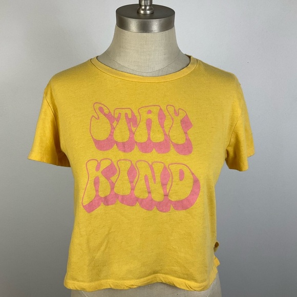 FREEZE Yellow Baby Tee Pink 70s font lettering STAY KIND Cropped Women’s M - Picture 1 of 6